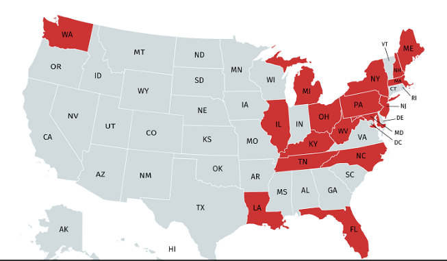 US map of states with increased rates of drug overdoses image