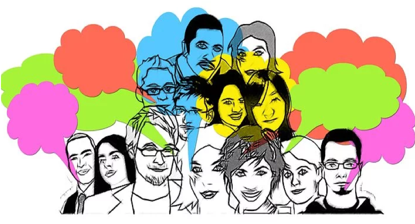 Graphic of people with feedback  bubbles - link to Extended  Care  Prrogram